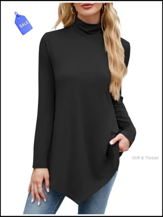 Long Sleeve Tunic Top Mock Neck Flowy Fit for Leggings - Picture 2 of 7